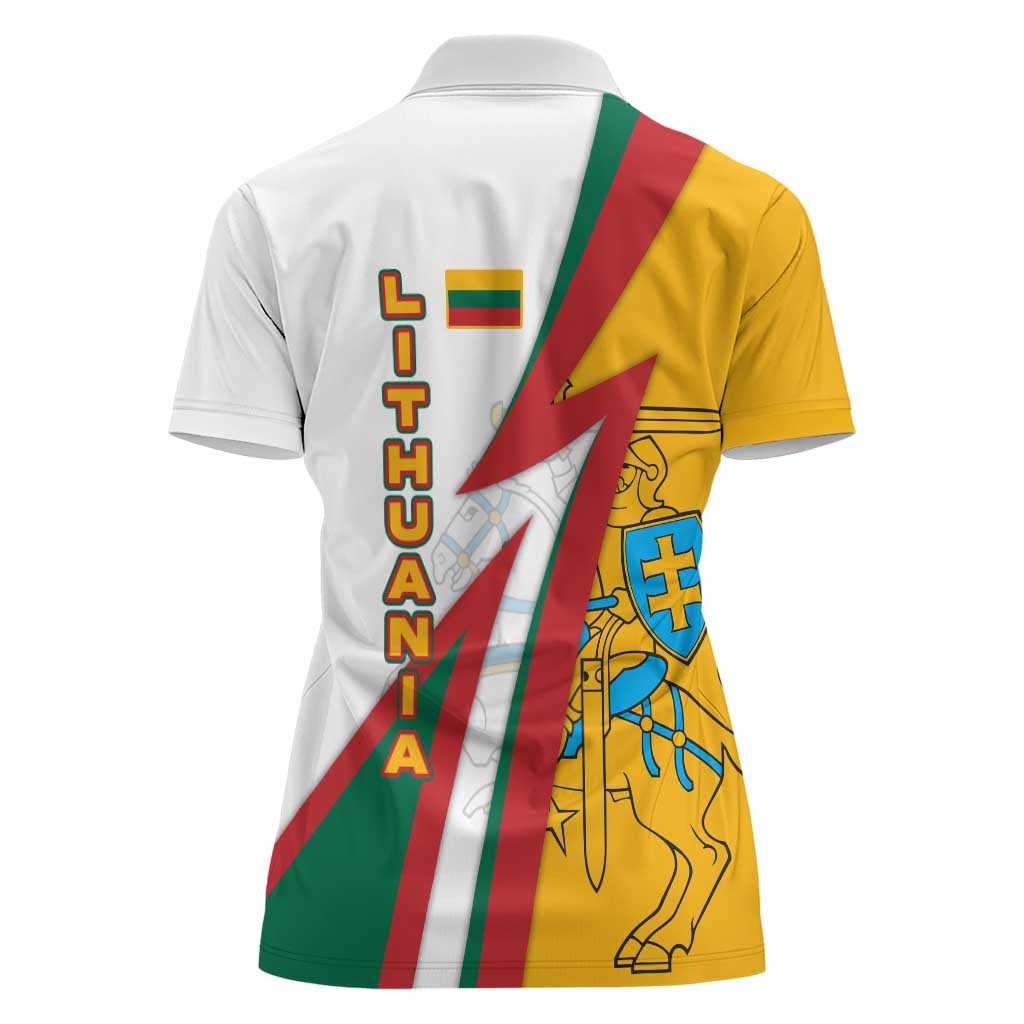 Lithuania Flag Colors Women Polo Shirt with Vytis Knight Design and Bold Lightning Motif - Wonder Print Shop