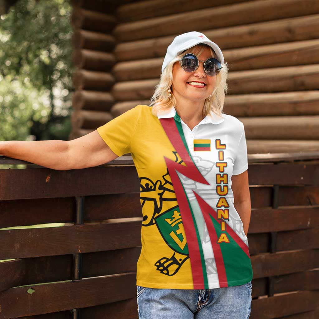 Lithuania Flag Colors Women Polo Shirt with Vytis Knight Design and Bold Lightning Motif - Wonder Print Shop
