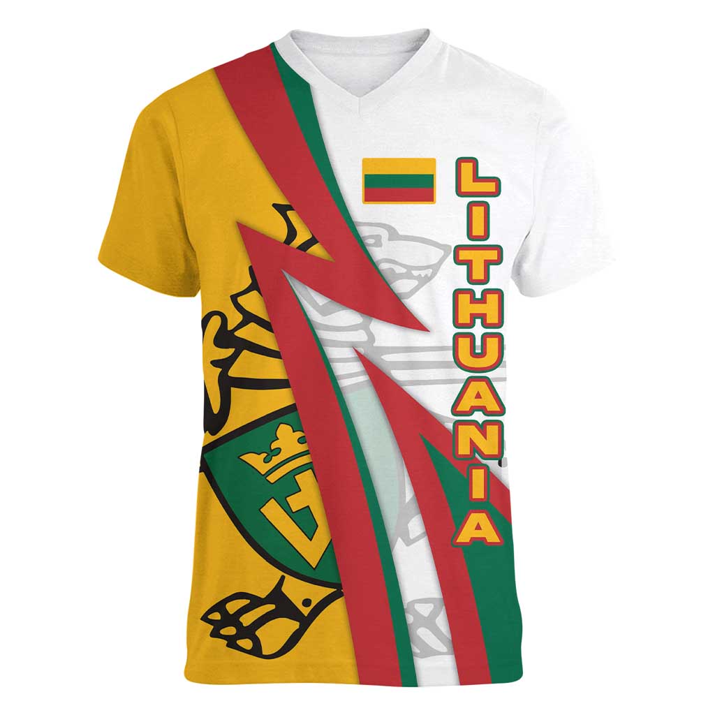 Lithuania Flag Colors Women V-Neck T-Shirt with Vytis Knight Design and Bold Lightning Motif - Wonder Print Shop