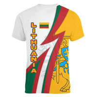 Lithuania Flag Colors Women V-Neck T-Shirt with Vytis Knight Design and Bold Lightning Motif - Wonder Print Shop