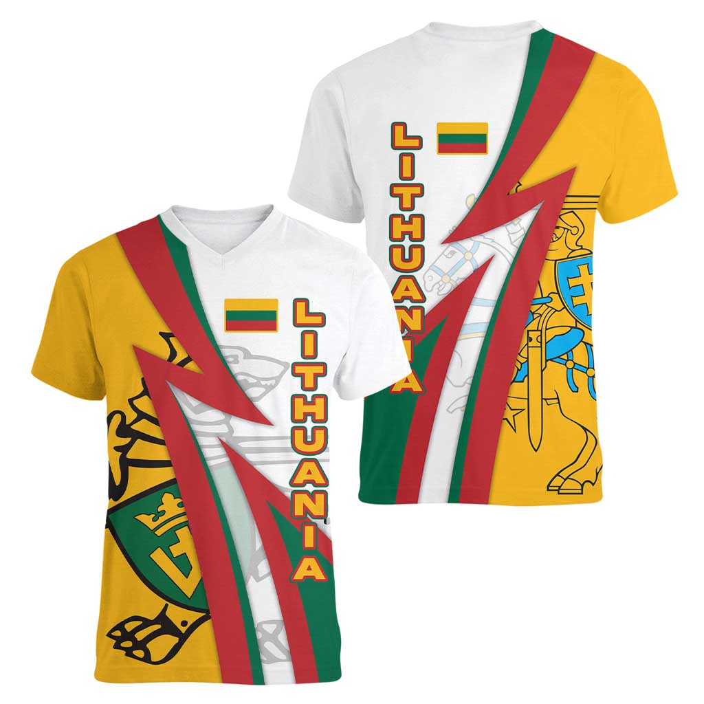 Lithuania Flag Colors Women V-Neck T-Shirt with Vytis Knight Design and Bold Lightning Motif - Wonder Print Shop