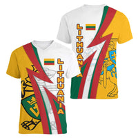 Lithuania Flag Colors Women V-Neck T-Shirt with Vytis Knight Design and Bold Lightning Motif - Wonder Print Shop