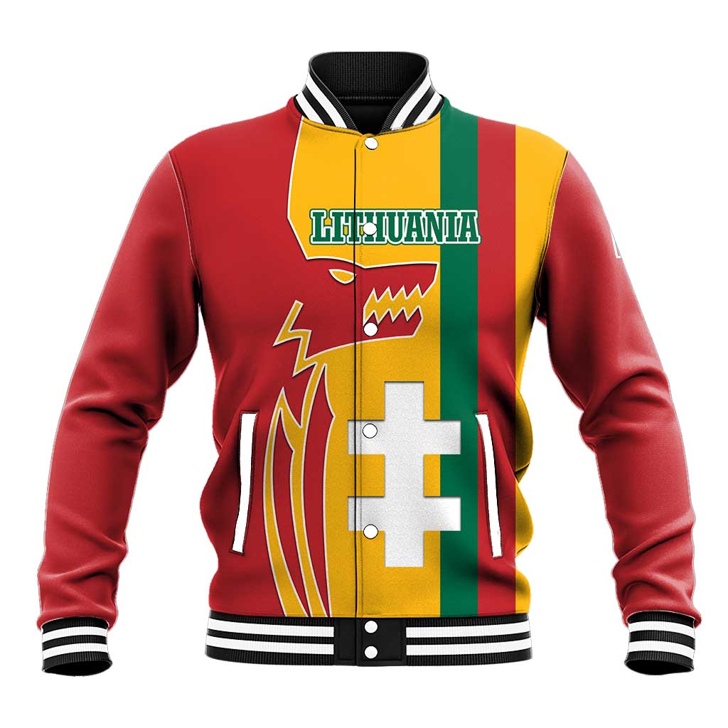 Lithuania Red Baseball Jacket with Bold Vytis Cross Design and Tricolor Flag Accents - Wonder Print Shop