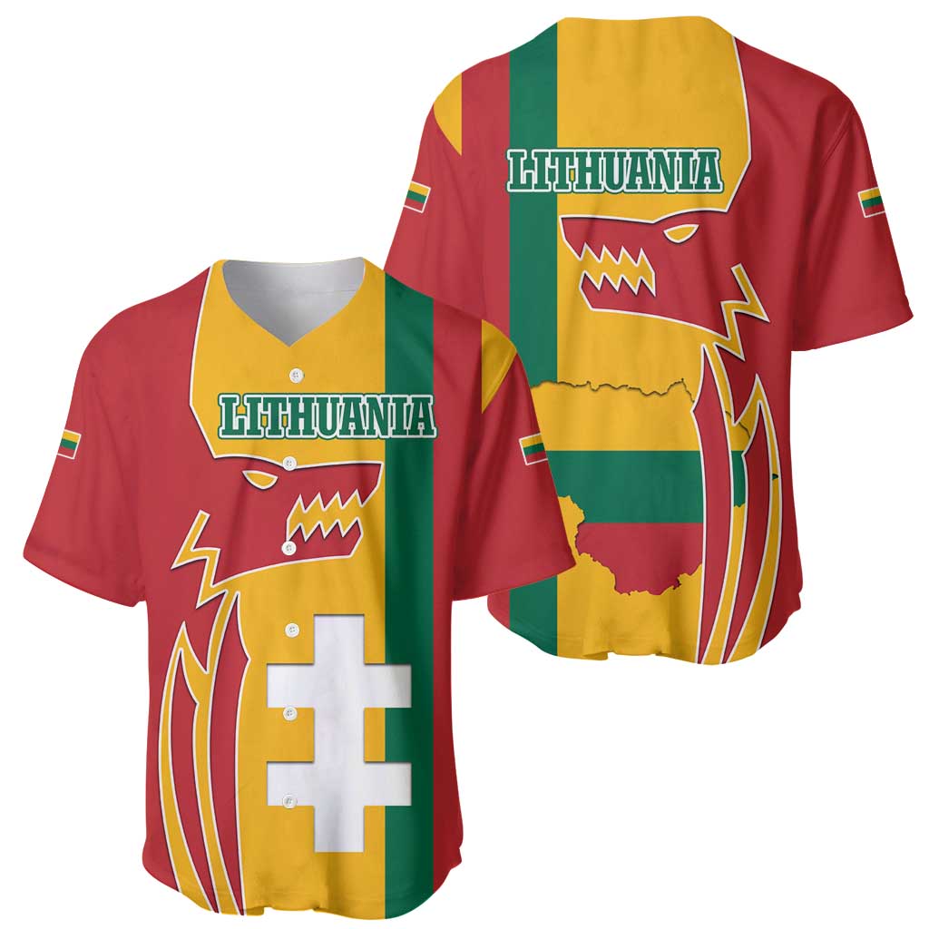 Lithuania Red Baseball Jersey with Bold Vytis Cross Design and Tricolor Flag Accents - Wonder Print Shop