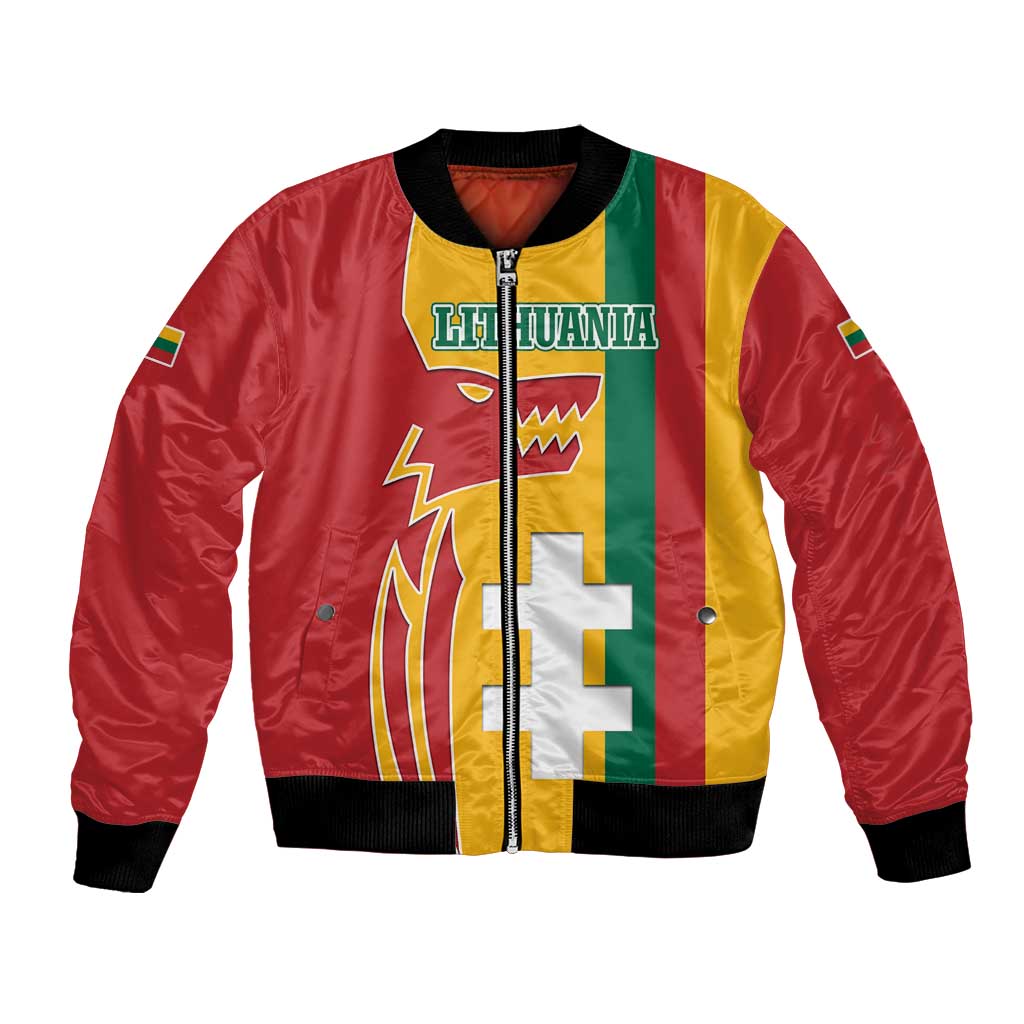 Lithuania Red Bomber Jacket with Bold Vytis Cross Design and Tricolor Flag Accents - Wonder Print Shop
