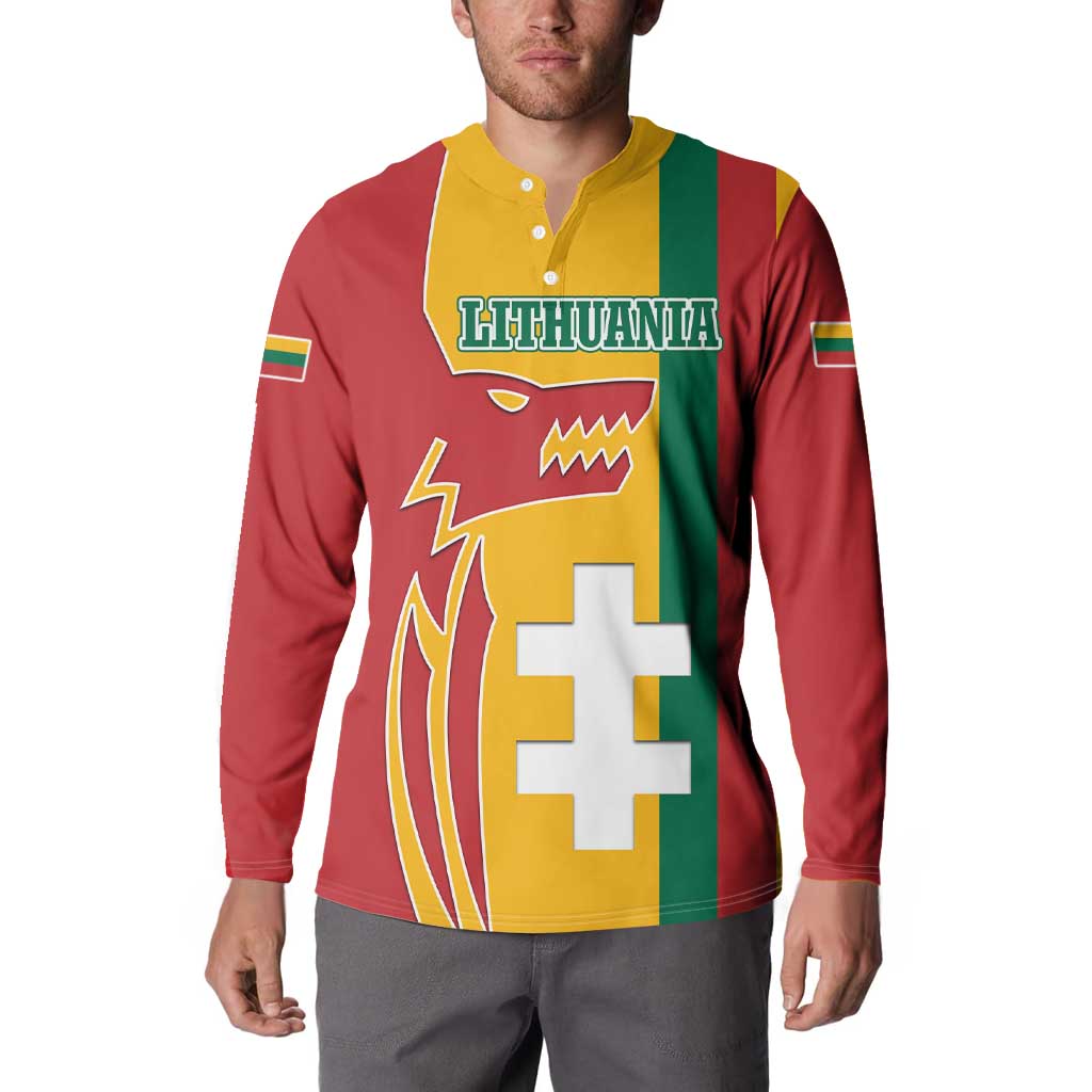 Lithuania Red Button Sweatshirt with Bold Vytis Cross Design and Tricolor Flag Accents - Wonder Print Shop