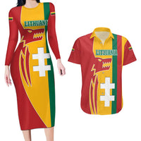 Lithuania Red Couples Matching Long Sleeve Bodycon Dress and Hawaiian Shirt with Bold Vytis Cross Design and Tricolor Flag Accents - Wonder Print Shop