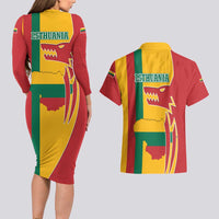 Lithuania Red Couples Matching Long Sleeve Bodycon Dress and Hawaiian Shirt with Bold Vytis Cross Design and Tricolor Flag Accents - Wonder Print Shop
