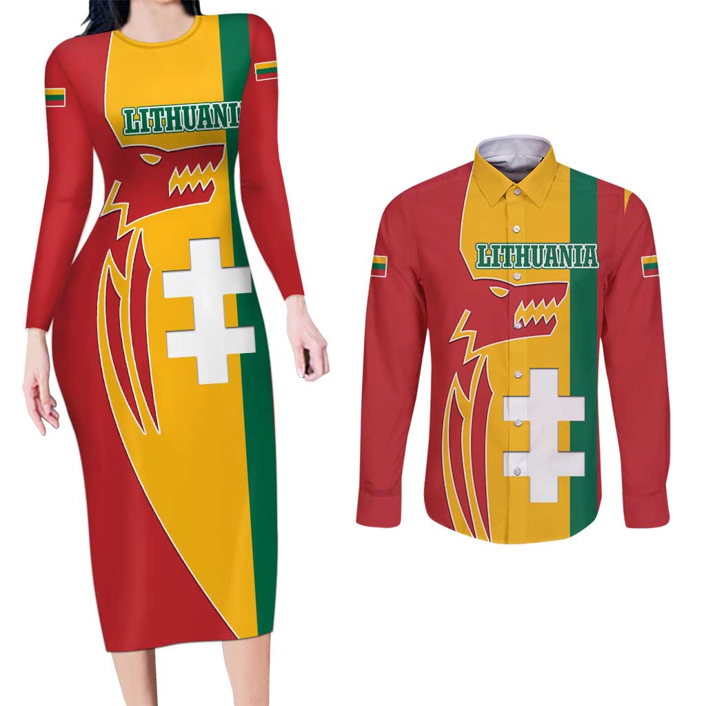 Lithuania Red Couples Matching Long Sleeve Bodycon Dress and Long Sleeve Button Shirt with Bold Vytis Cross Design and Tricolor Flag Accents - Wonder Print Shop