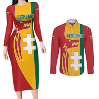 Lithuania Red Couples Matching Long Sleeve Bodycon Dress and Long Sleeve Button Shirt with Bold Vytis Cross Design and Tricolor Flag Accents - Wonder Print Shop