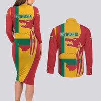 Lithuania Red Couples Matching Long Sleeve Bodycon Dress and Long Sleeve Button Shirt with Bold Vytis Cross Design and Tricolor Flag Accents - Wonder Print Shop
