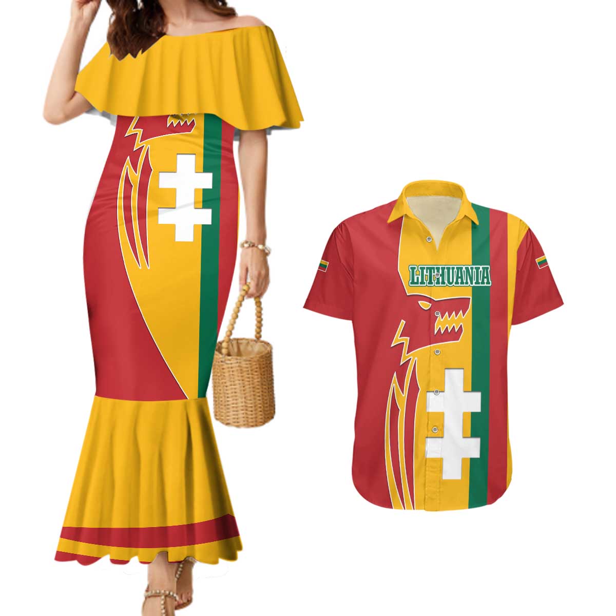 Lithuania Red Couples Matching Mermaid Dress and Hawaiian Shirt with Bold Vytis Cross Design and Tricolor Flag Accents - Wonder Print Shop
