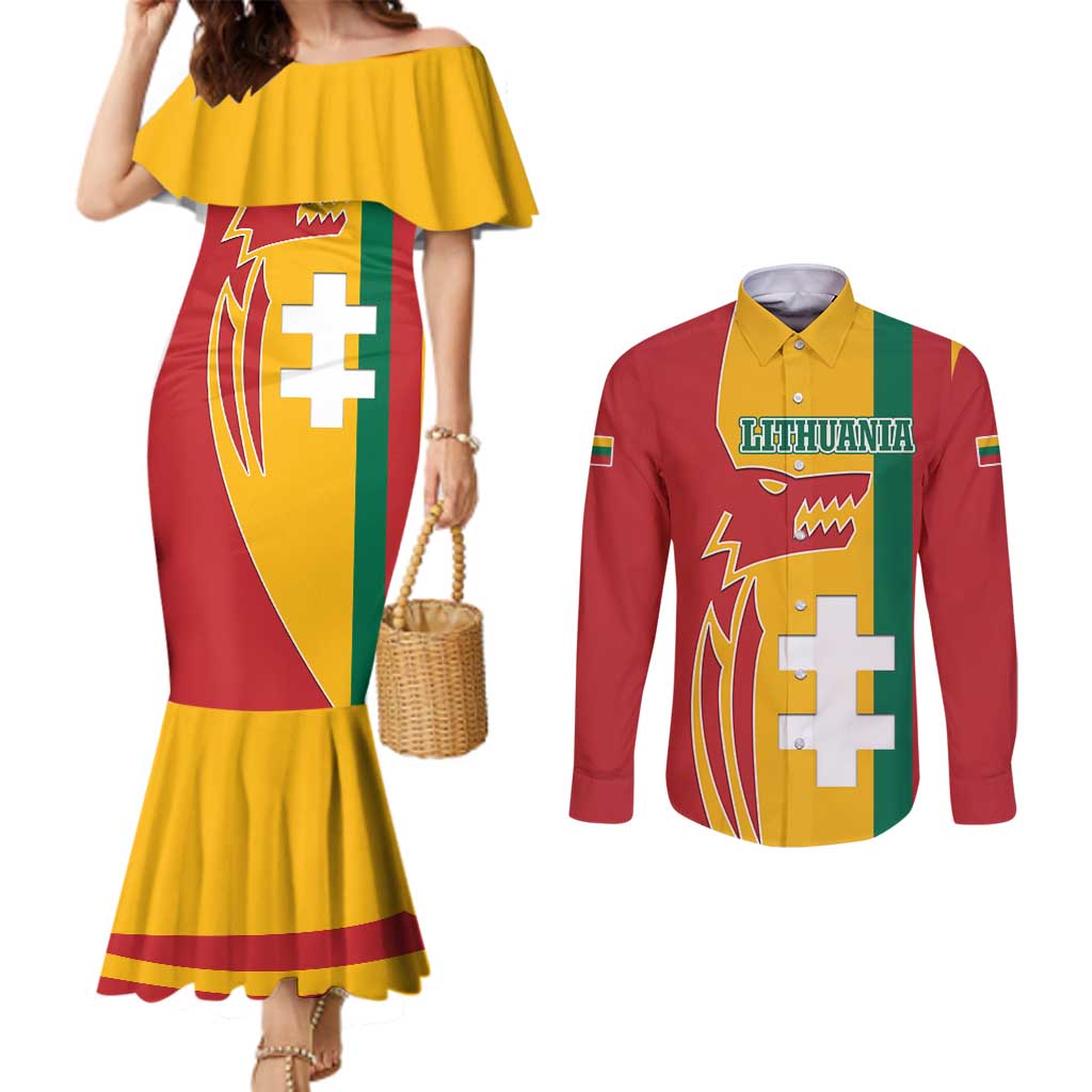 Lithuania Red Couples Matching Mermaid Dress and Long Sleeve Button Shirt with Bold Vytis Cross Design and Tricolor Flag Accents - Wonder Print Shop
