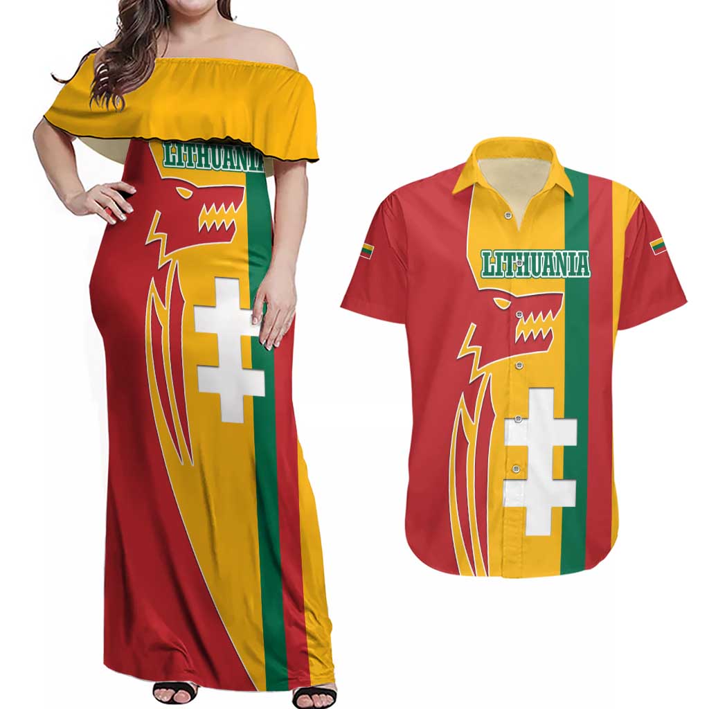 Lithuania Red Couples Matching Off Shoulder Maxi Dress and Hawaiian Shirt with Bold Vytis Cross Design and Tricolor Flag Accents - Wonder Print Shop