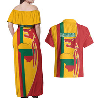 Lithuania Red Couples Matching Off Shoulder Maxi Dress and Hawaiian Shirt with Bold Vytis Cross Design and Tricolor Flag Accents - Wonder Print Shop