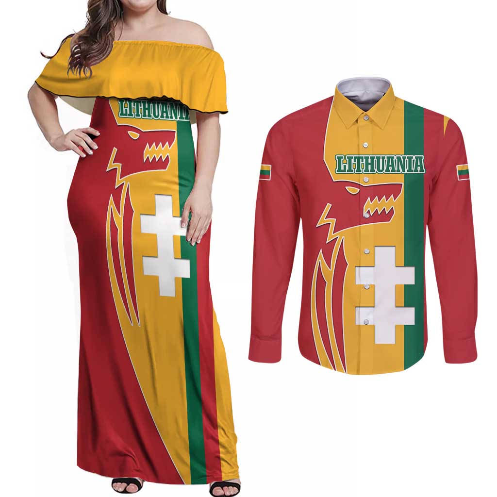 Lithuania Red Couples Matching Off Shoulder Maxi Dress and Long Sleeve Button Shirt with Bold Vytis Cross Design and Tricolor Flag Accents - Wonder Print Shop