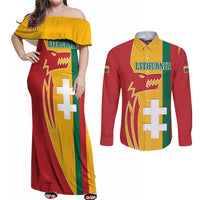 Lithuania Red Couples Matching Off Shoulder Maxi Dress and Long Sleeve Button Shirt with Bold Vytis Cross Design and Tricolor Flag Accents - Wonder Print Shop