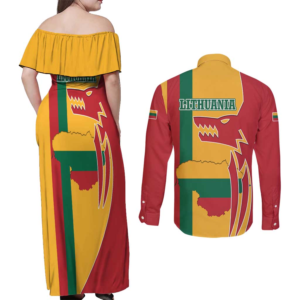 Lithuania Red Couples Matching Off Shoulder Maxi Dress and Long Sleeve Button Shirt with Bold Vytis Cross Design and Tricolor Flag Accents - Wonder Print Shop