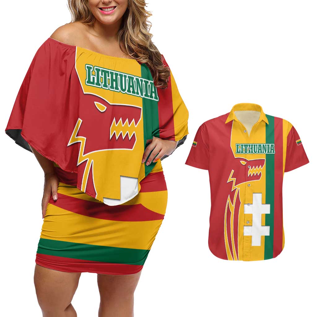 Lithuania Red Couples Matching Off Shoulder Short Dress and Hawaiian Shirt with Bold Vytis Cross Design and Tricolor Flag Accents - Wonder Print Shop