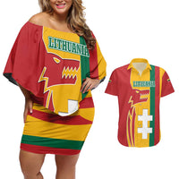 Lithuania Red Couples Matching Off Shoulder Short Dress and Hawaiian Shirt with Bold Vytis Cross Design and Tricolor Flag Accents - Wonder Print Shop