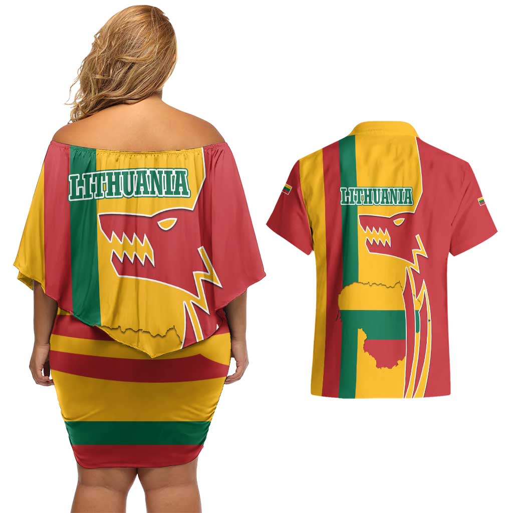 Lithuania Red Couples Matching Off Shoulder Short Dress and Hawaiian Shirt with Bold Vytis Cross Design and Tricolor Flag Accents - Wonder Print Shop