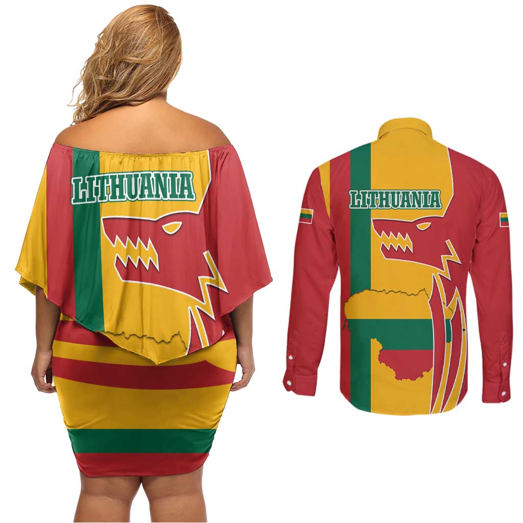 Lithuania Red Couples Matching Off Shoulder Short Dress and Long Sleeve Button Shirt with Bold Vytis Cross Design and Tricolor Flag Accents - Wonder Print Shop