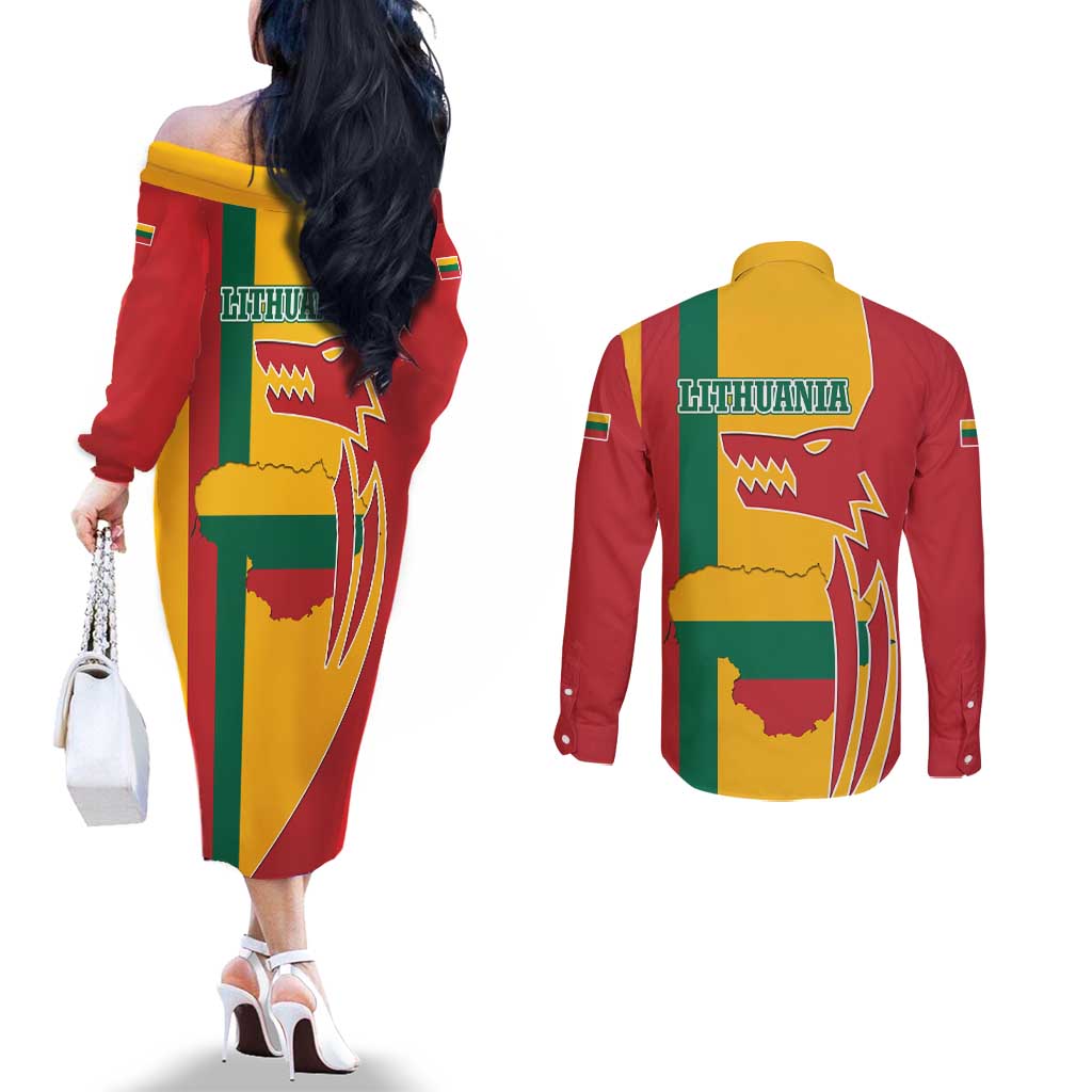 Lithuania Red Couples Matching Off The Shoulder Long Sleeve Dress and Long Sleeve Button Shirt with Bold Vytis Cross Design and Tricolor Flag Accents - Wonder Print Shop