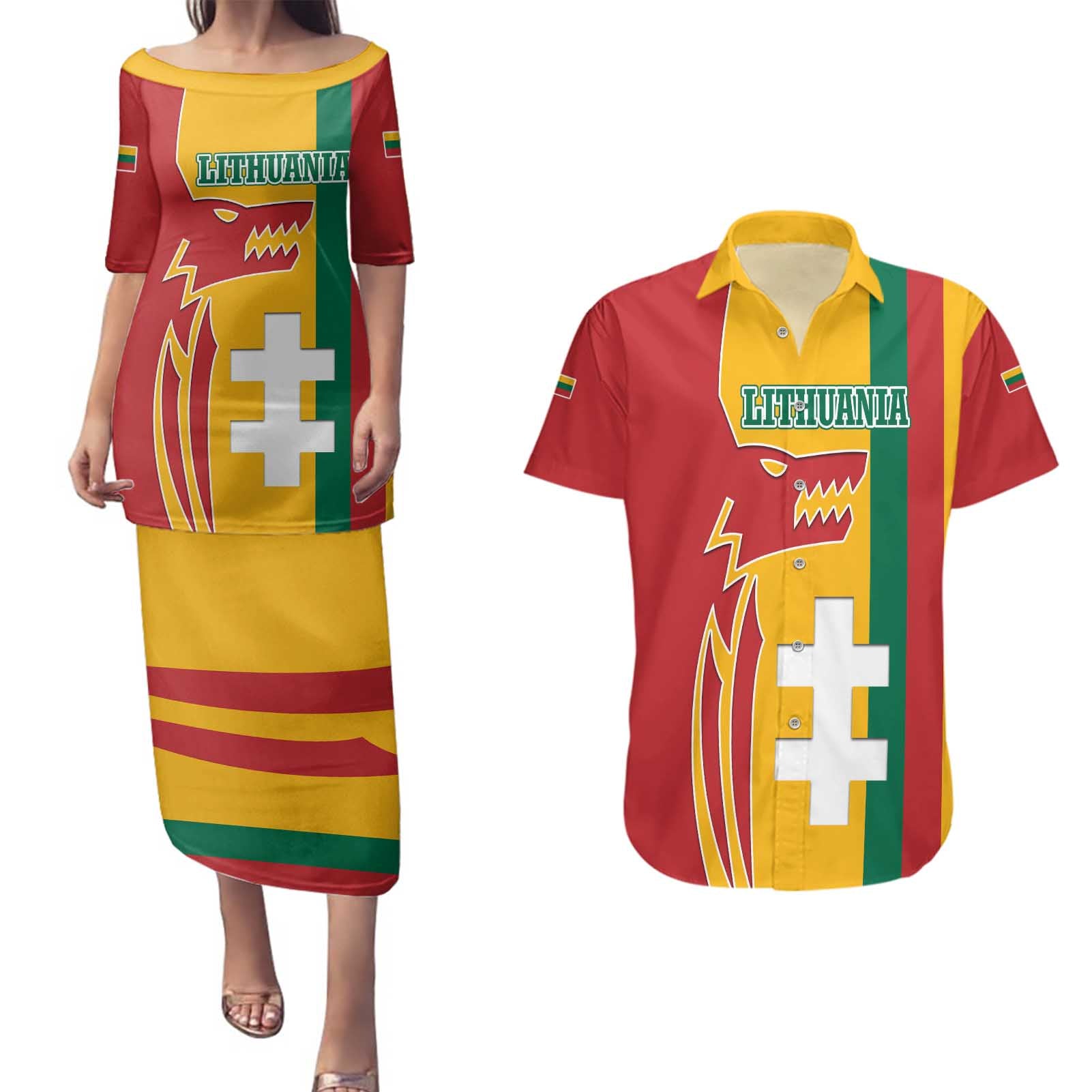 Lithuania Red Couples Matching Puletasi and Hawaiian Shirt with Bold Vytis Cross Design and Tricolor Flag Accents - Wonder Print Shop
