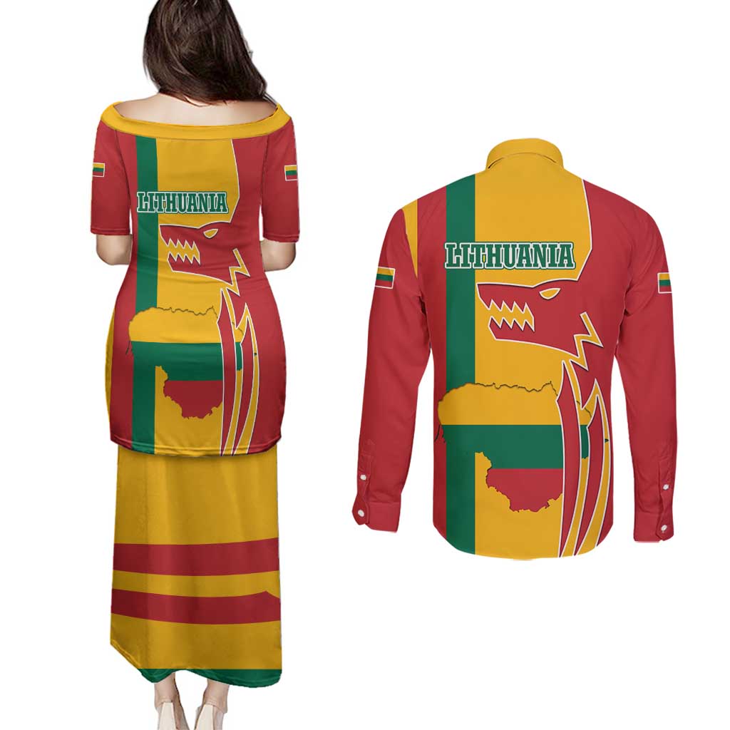 Lithuania Red Couples Matching Puletasi and Long Sleeve Button Shirt with Bold Vytis Cross Design and Tricolor Flag Accents - Wonder Print Shop