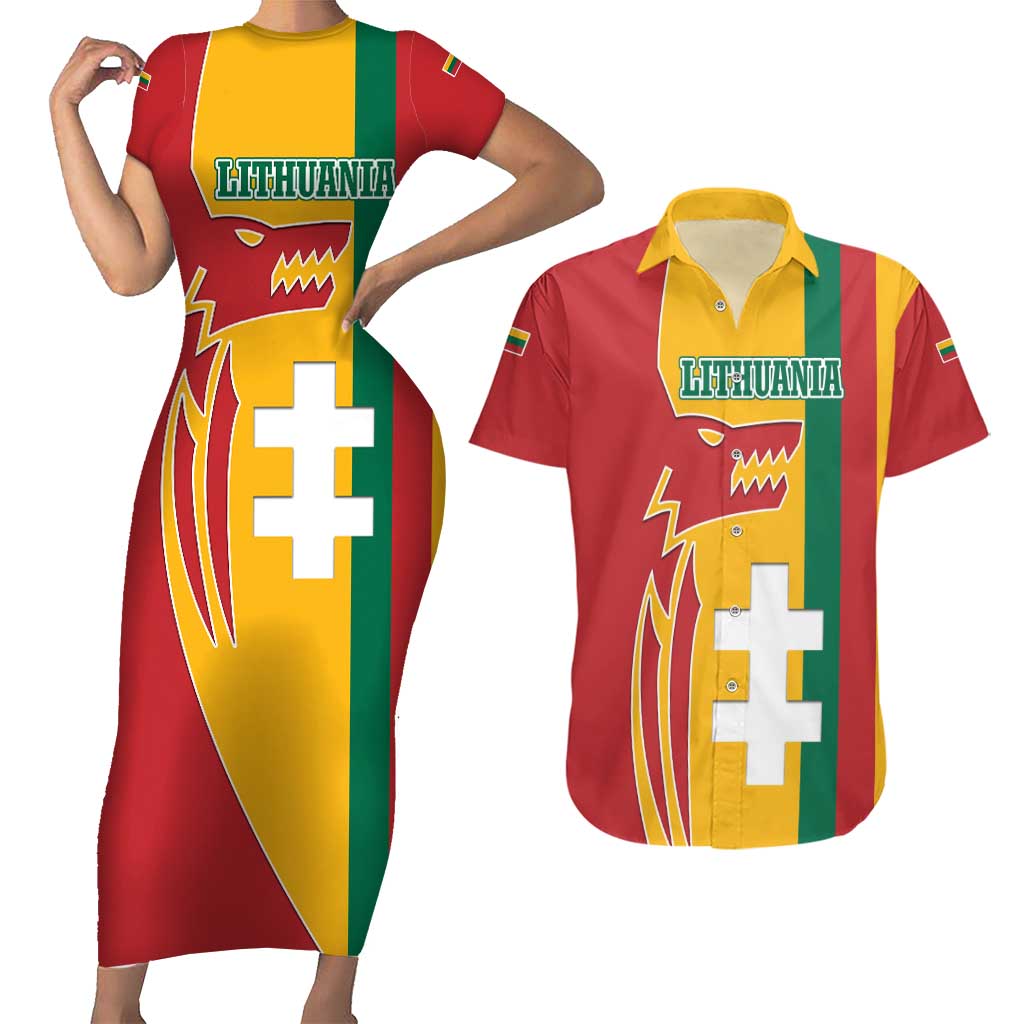 Lithuania Red Couples Matching Short Sleeve Bodycon Dress and Hawaiian Shirt with Bold Vytis Cross Design and Tricolor Flag Accents - Wonder Print Shop