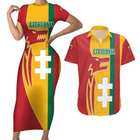 Lithuania Red Couples Matching Short Sleeve Bodycon Dress and Hawaiian Shirt with Bold Vytis Cross Design and Tricolor Flag Accents - Wonder Print Shop