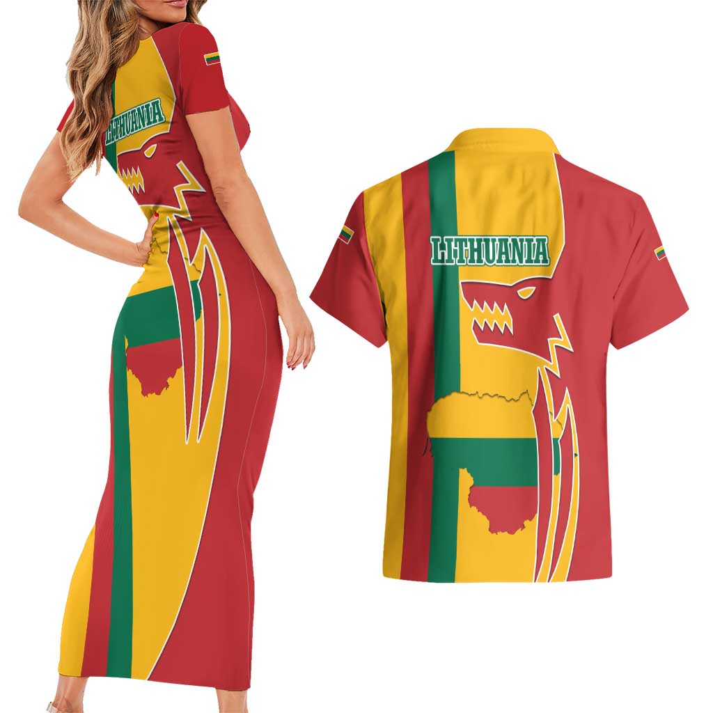 Lithuania Red Couples Matching Short Sleeve Bodycon Dress and Hawaiian Shirt with Bold Vytis Cross Design and Tricolor Flag Accents - Wonder Print Shop