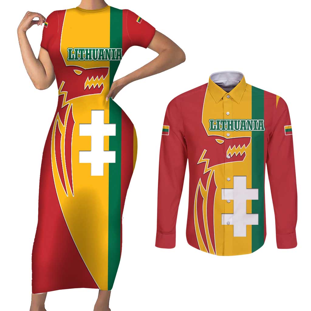Lithuania Red Couples Matching Short Sleeve Bodycon Dress and Long Sleeve Button Shirt with Bold Vytis Cross Design and Tricolor Flag Accents - Wonder Print Shop