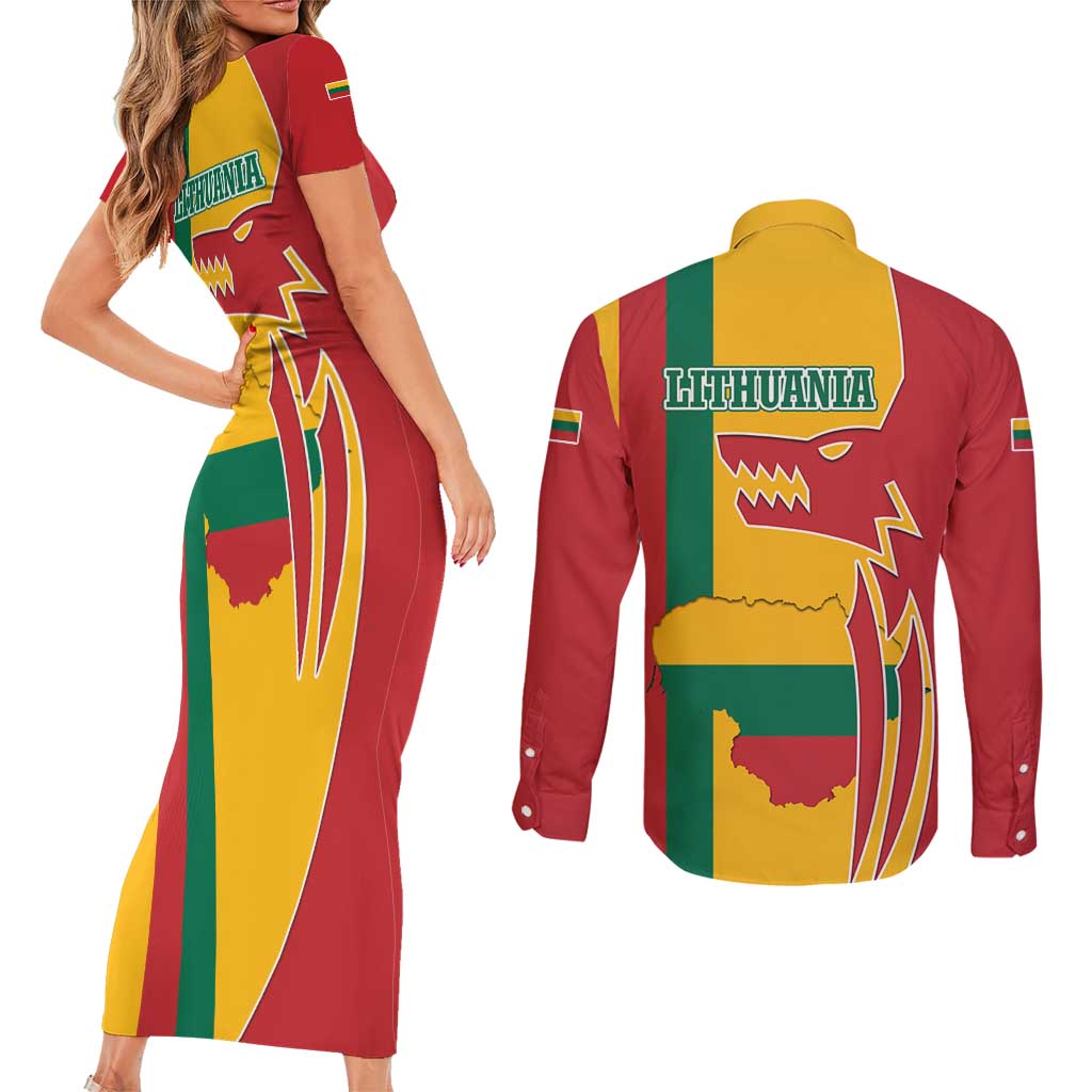 Lithuania Red Couples Matching Short Sleeve Bodycon Dress and Long Sleeve Button Shirt with Bold Vytis Cross Design and Tricolor Flag Accents - Wonder Print Shop