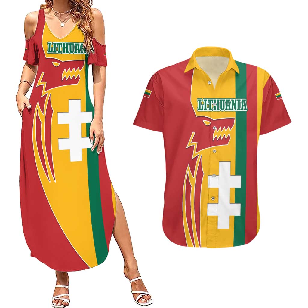 Lithuania Red Couples Matching Summer Maxi Dress and Hawaiian Shirt with Bold Vytis Cross Design and Tricolor Flag Accents - Wonder Print Shop