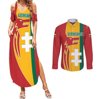 Lithuania Red Couples Matching Summer Maxi Dress and Long Sleeve Button Shirt with Bold Vytis Cross Design and Tricolor Flag Accents - Wonder Print Shop