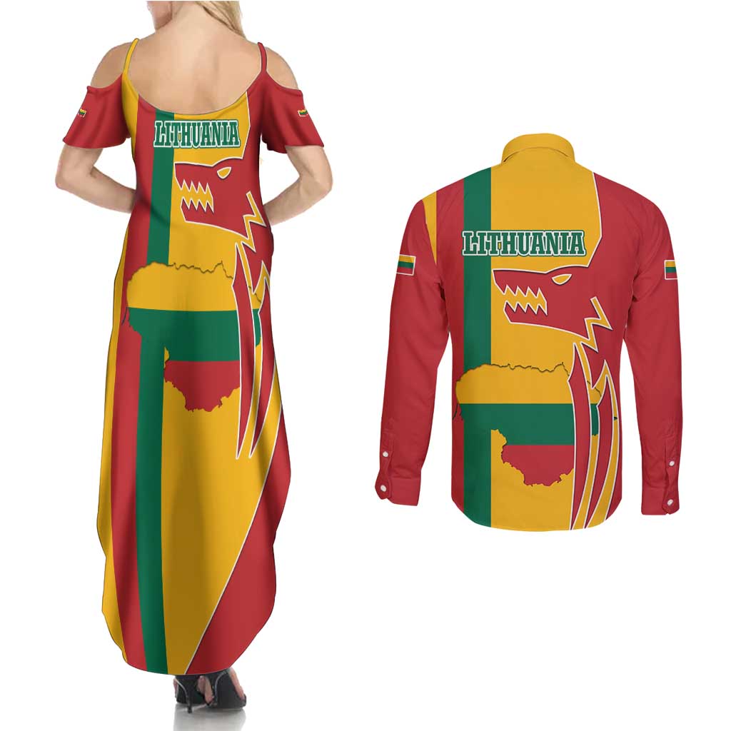 Lithuania Red Couples Matching Summer Maxi Dress and Long Sleeve Button Shirt with Bold Vytis Cross Design and Tricolor Flag Accents - Wonder Print Shop