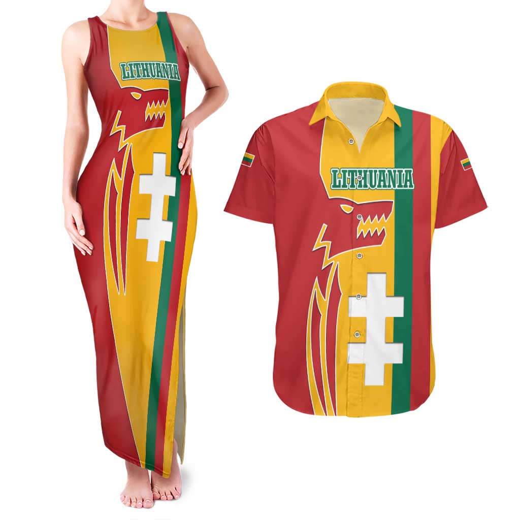 Lithuania Red Couples Matching Tank Maxi Dress and Hawaiian Shirt with Bold Vytis Cross Design and Tricolor Flag Accents - Wonder Print Shop