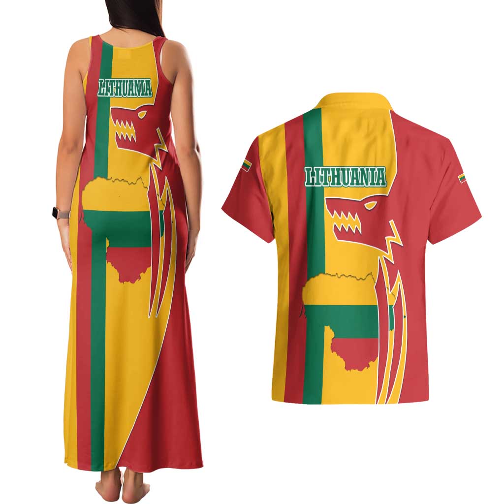 Lithuania Red Couples Matching Tank Maxi Dress and Hawaiian Shirt with Bold Vytis Cross Design and Tricolor Flag Accents - Wonder Print Shop