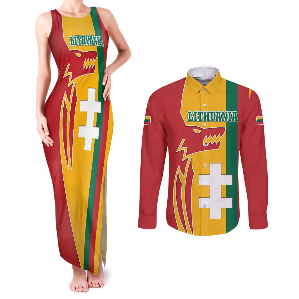 Lithuania Red Couples Matching Tank Maxi Dress and Long Sleeve Button Shirt with Bold Vytis Cross Design and Tricolor Flag Accents - Wonder Print Shop