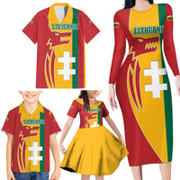Lithuania Red Family Matching Long Sleeve Bodycon Dress and Hawaiian Shirt with Bold Vytis Cross Design and Tricolor Flag Accents - Wonder Print Shop
