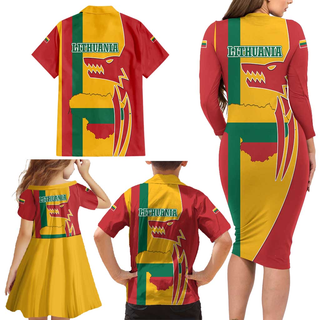 Lithuania Red Family Matching Long Sleeve Bodycon Dress and Hawaiian Shirt with Bold Vytis Cross Design and Tricolor Flag Accents - Wonder Print Shop