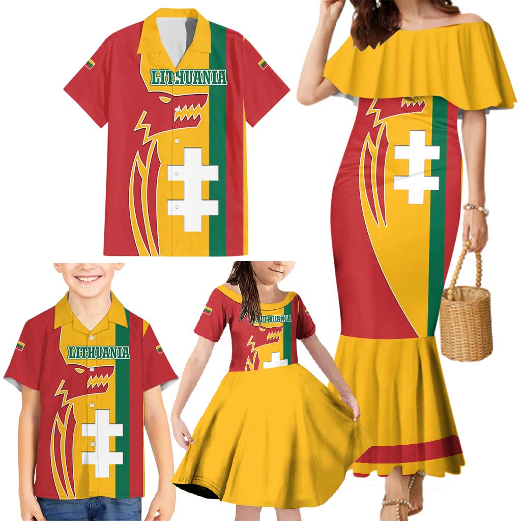 Lithuania Red Family Matching Mermaid Dress and Hawaiian Shirt with Bold Vytis Cross Design and Tricolor Flag Accents - Wonder Print Shop