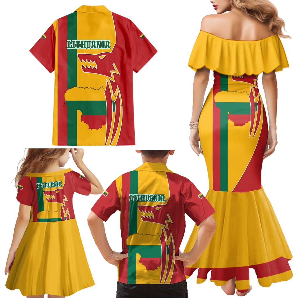 Lithuania Red Family Matching Mermaid Dress and Hawaiian Shirt with Bold Vytis Cross Design and Tricolor Flag Accents - Wonder Print Shop