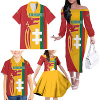 Lithuania Red Family Matching Off The Shoulder Long Sleeve Dress and Hawaiian Shirt with Bold Vytis Cross Design and Tricolor Flag Accents - Wonder Print Shop