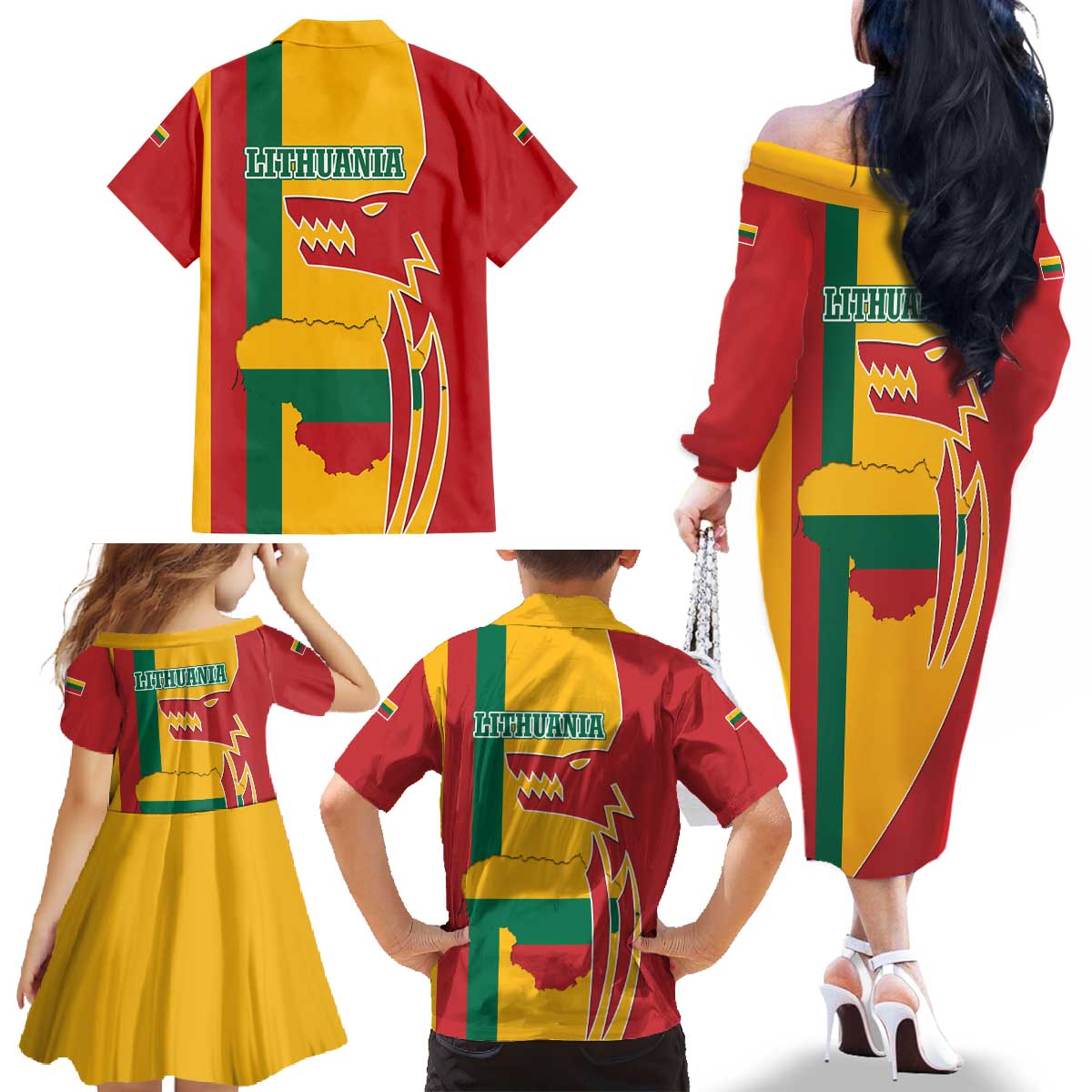Lithuania Red Family Matching Off The Shoulder Long Sleeve Dress and Hawaiian Shirt with Bold Vytis Cross Design and Tricolor Flag Accents - Wonder Print Shop