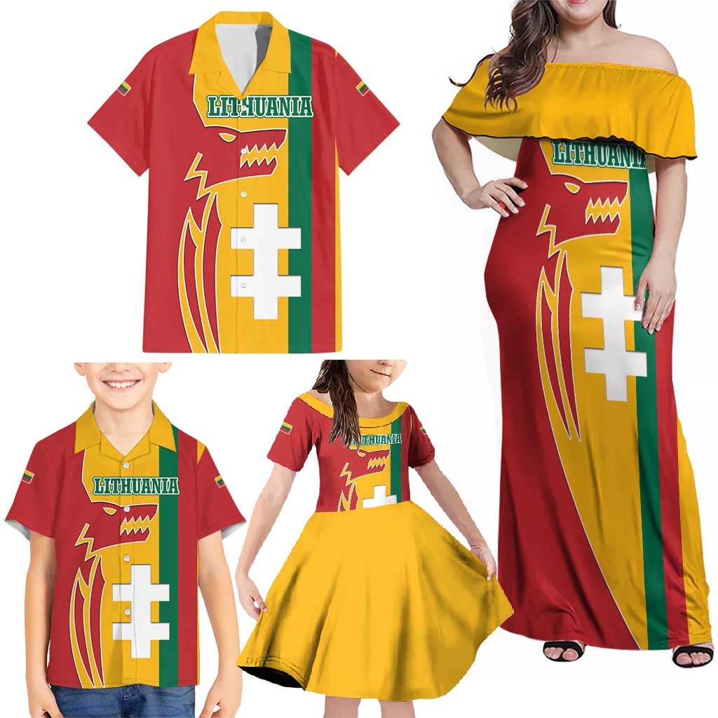 Lithuania Red Family Matching Off Shoulder Maxi Dress and Hawaiian Shirt with Bold Vytis Cross Design and Tricolor Flag Accents - Wonder Print Shop
