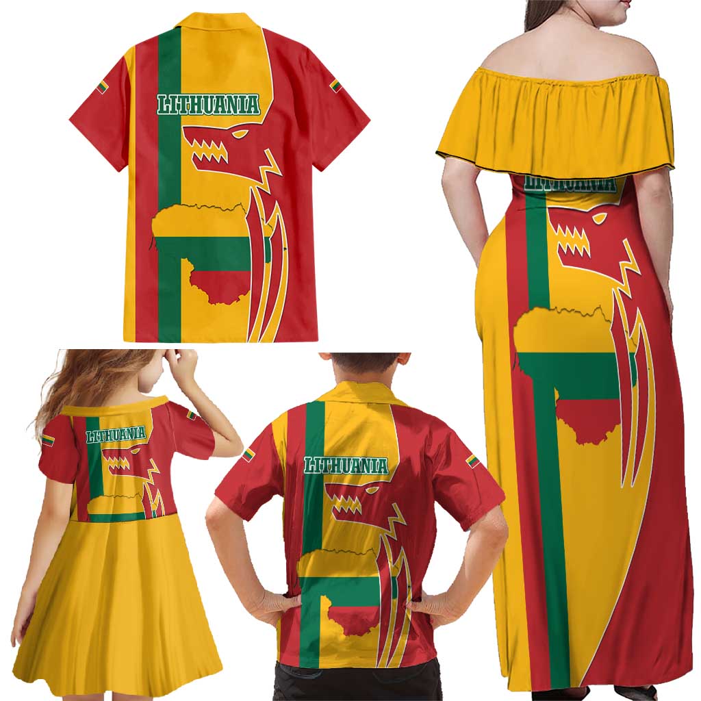 Lithuania Red Family Matching Off Shoulder Maxi Dress and Hawaiian Shirt with Bold Vytis Cross Design and Tricolor Flag Accents - Wonder Print Shop