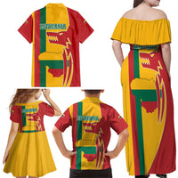 Lithuania Red Family Matching Off Shoulder Maxi Dress and Hawaiian Shirt with Bold Vytis Cross Design and Tricolor Flag Accents - Wonder Print Shop