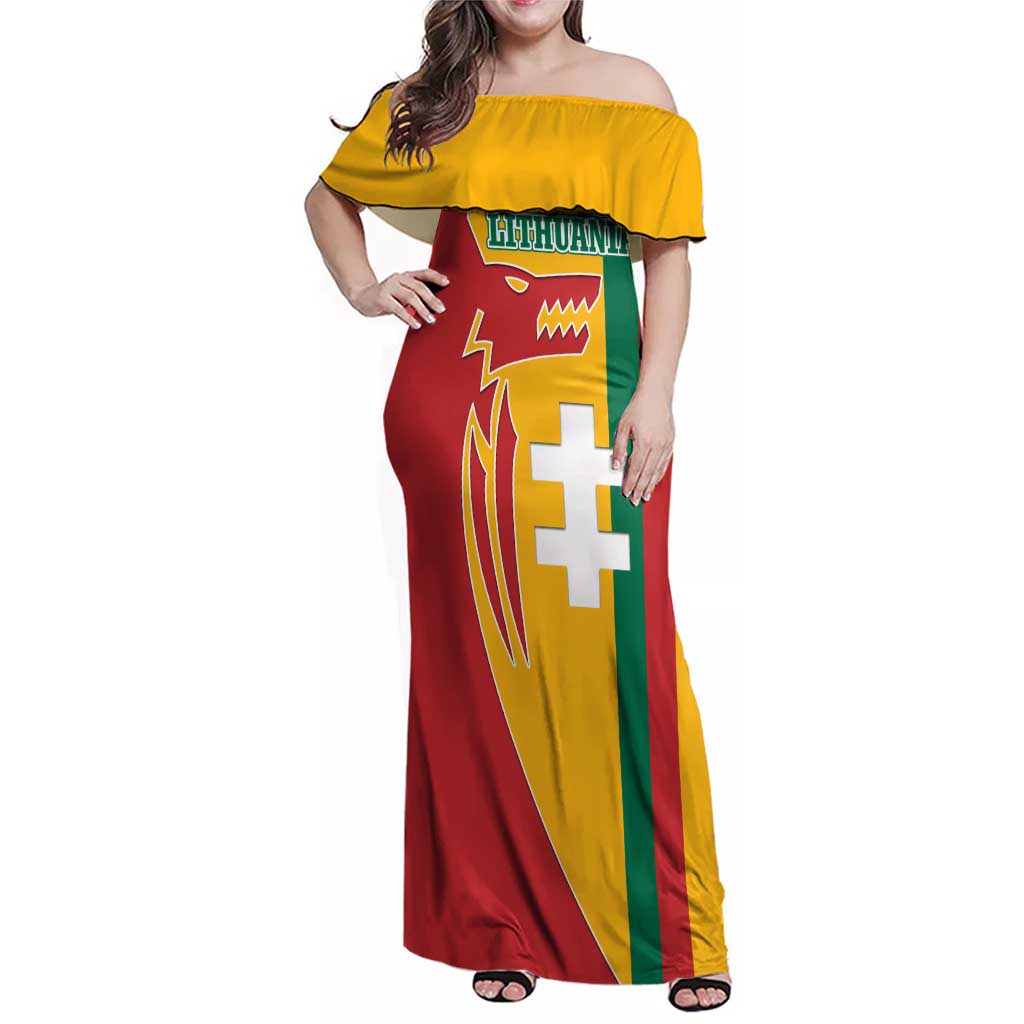 Lithuania Red Family Matching Off Shoulder Maxi Dress and Hawaiian Shirt with Bold Vytis Cross Design and Tricolor Flag Accents - Wonder Print Shop